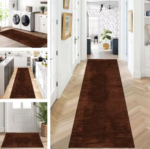Läufer Flur Küche Korridor Teppichläufer Dunkelbraun 90X300cm rutschfest Waschbar Küchenläufer Flurteppich Polyester Meterware Flurläufer Lang Schlafzimmer Wohnzimmer Teppichimmer Breite 40-120cm
