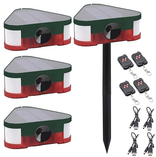 QXMH Solar-Bewegungsmelder-Alarm für draußen: 360° intelligenter Ultraschall-Bewegungsmelder-Alarm mit Fernbedienung, 3 x 129 dB superlaute Lautsprecher, USB-Aufladung, 4-Modus-LED-Blitzlicht (4 Pack)