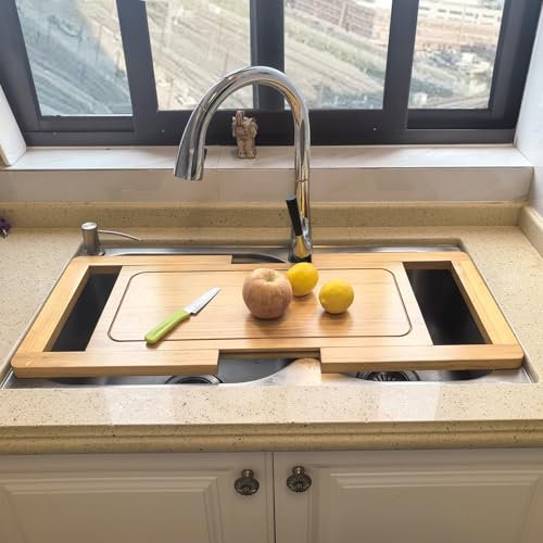 SwallowLiving Tabla de cortar de madera expandible sobre el fregadero con ranura para jugos para cocina, cubierta de fregadero de cocina de madera para espacio en la encimera