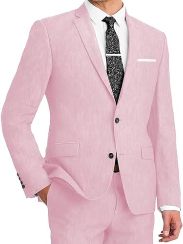 Leader of The Beauty - Set di 2 abiti da uomo in lino, slim fit, con due bottoni, per matrimoni estivi, abbigliamento casual, rosa, 48