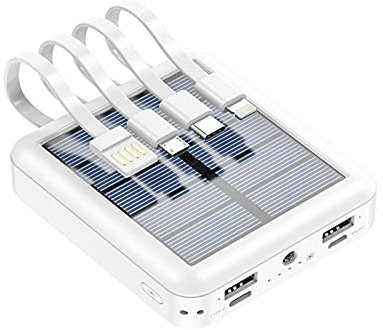 Solar Charger 20000mAh Mini Solar Power Bank built in Cable USB Type C Portable External Battery Charger Powerbank,White