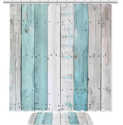 Ensemble de rideaux de douche avec tapis de salle de bain et crochets - Turquoise et blanc - Imprimé planches de bois - Imperméable - Accessoires décoratifs de salle de bain