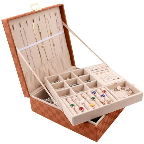 Homeanda Schmuckkästchen Große Kapazität 2-Schicht Leder Schmuckbox für Damen - Schmuckaufbewahrung Organizer für Ketten, Ringe, Ohrringe, Armbänder(Braun)
