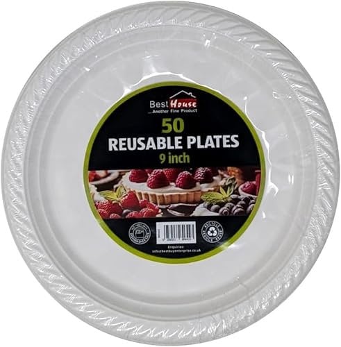 Best House 9 inch Lightweight White Plastic Plates - Microwave & Dishwasher Safe, Reusable - Lunch & Dinner Plates for Catering, Events, Parties, Everyday Use (Pack of 50 PCS)