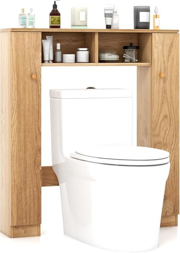 GIANTEX Toilettenregal, Regal über Toilette, freistehendes Badregal mit offenen verstellbaren Ablagen, WC Überbauschrank platzsparend, 87,5 x 18 x 98 cm (Natur)