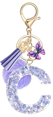 JSRQT Violet Porte-clés avec Lettre Initiale C Personnalisée Lettres Keychain Porte-clés pour Fille Cadeaux Décor Femmes Porte-clés Lettre en Résine Charmes en Résine avec Pendentif Papillon Pampille