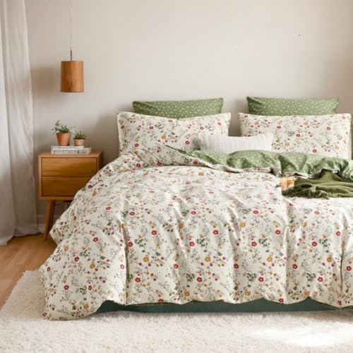 AShanlan Bettwäsche 200x200 Baumwolle Weiß mit Roten Blumenweise Grün Blätter Bettbezug 3teilig Rot Klein Blumenmuster Angenehme Weiss Deckenbezug und 2 Blümchen Kissenbezüge 80x80 mit Reißverschluss