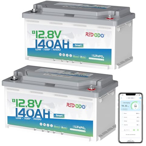 Redodo 12V 140Ah H190Batteria Litio(2 Pack), Smart Bluetooth LiFePO4 Batteria con Protezione a Bassa Temperatura, BMS 150A, 15000 Cicli Profondi Perfetto per Camper Altezza Sedili 189MM Caravan Van