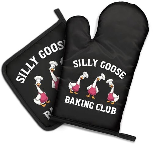 DYJYBMY Silly Goose Baking Club Funny Oven Mitts and Pot Holder Set for Baking Cooking, Novelty Kitchen Gadgets, Goose Lover Gifts, Perfect Cooking Housewarming Baking Gifts for Women Men Dad Friend