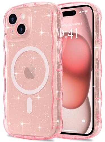 Pepmune Coque à Paillettes pour iPhone 15 [Compatible avec Magsafe] Transparente Cadre Vague Bouclée Coque Bling Sparkle Antichoc Housse de Protection Glitter TPU Case pour Femmes et Filles Rose