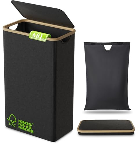 DOKRVLOQ 60L Wäschekorb Schmal mit Deckel – Schlanker faltbarer Wäschesammler aus Bambus, Laundry Basket waschbare Innentasche & Tragegriff für Wohnung/Wohnheim/Camping (Schwarz)