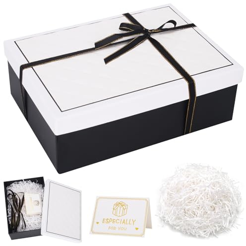 Weiße Geschenkbox mit schwarzem Boden (25x18x8,5cm) | Inkl Deckel, Schleifenband, Grußkarte Bast,Perfekt für Valentinstag, Geburtstage, Hochzeiten, Jubiläen and Weihnachten