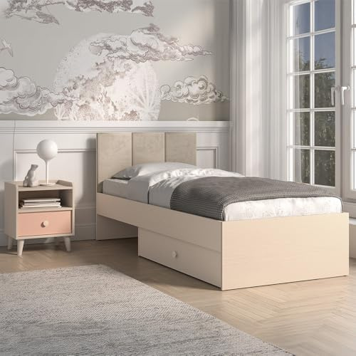 Lomadox Jugendzimmer Set 2-teilig in Sandbeige mit rosa, Bett 90x200 cm mit Polsterkopfteil Nachtschrank Softclose-Schublade modern