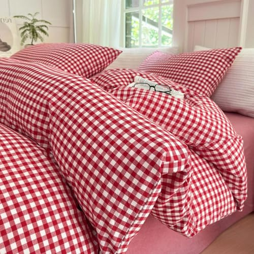 LifeTB Rotes Gingham-Bettwäsche-Set für King-Size-Bett, moderner Stil, Boho-Plaid, 3-teilig, weich, flauschig, Gittermuster, Schmusetuch mit 2 Kissenbezügen, Bauernhaus, Gingham-Karo-Bettwäsche-Set