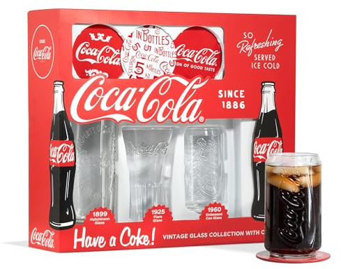 Coca-Cola Cola Cola-Gläser im Vintage-Stil, mit Untersetzern, Geschenk-Set, 3 Stück