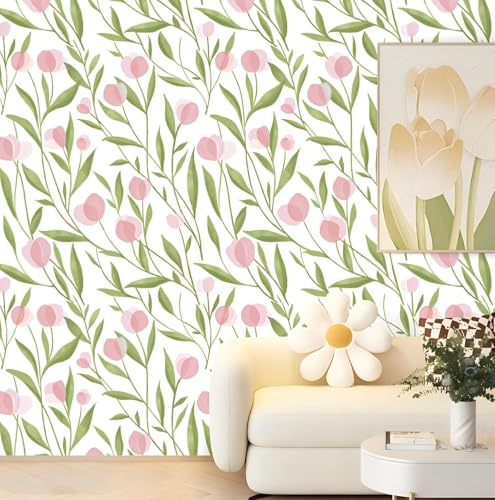 ICYEHAO Papier Peint Floral Rose, 44 x 500 cm Papier Peint Rose Fleur Vert Feuille Botanique Bohême Papier Autocollant pour Meuble,Chambre,Salon,Salle de Bain,Cuisine