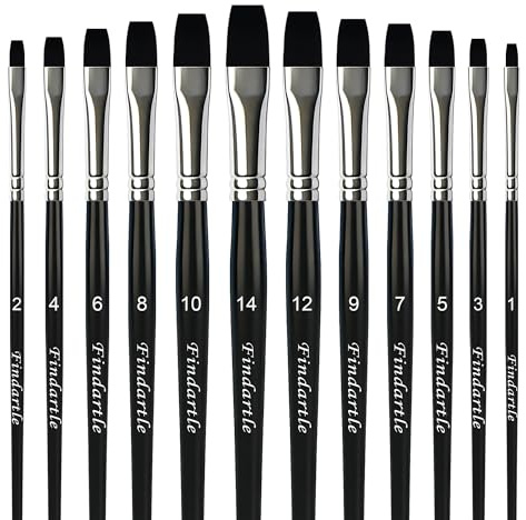 Findartle Pinceaux Plats, 12 Pinceaux Peinture Plat pour Acrylique, Aquarelle, Huile, Gouache, Pinceaux d'artiste pour Travaux Manuels, Tempera, Nail Art, Peinture sur Visage (Noir)