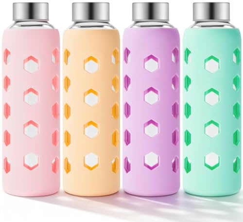 Mrsdry Glass Water Bottles with Lids and Silicone Sleeves 550ml, 4-Pack Reusable Clear Glass Juice Bottles with Stainless Steel Airtight Cap, BPA Free Leak-Proof Drinking Bottles for Hot Cold Drinks