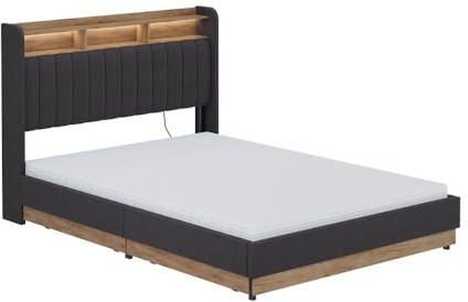 VitaliSpa Polsterbett Nura, Anthrazit/Eiche, 140x200 cm mit 4 Schubladenmit Matratze, mit USB-Ladeanschluss, LED-Beleuchtung und Fernbedienung