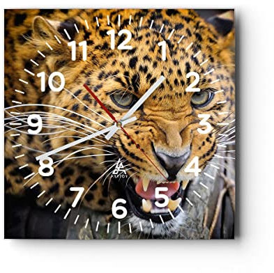 Modern Wanduhr Leopard Tier savanne Afrika 40x40cm Quadrat Groß Wand Uhr Glas Analog Zimmeruhren Küche Büro Wohnzimmer Glasuhr Wall Clock Dekoration Design Wanddekoration Küchenuhr C4AC40x40-2728