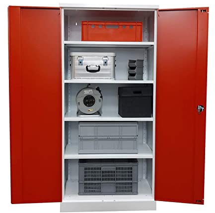 Schrank & Stuhl Aktenschrank Stahlschrank Flügeltürenschrank 195 cm Höhe, 42 cm Tiefe WEIß/ROT