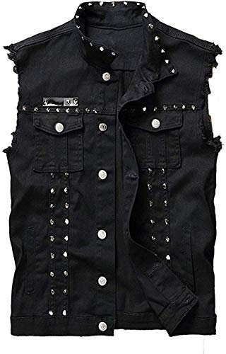 Idopy Herren Slim Fit Punk Denim Weste Ärmellose Jeans Weste Jacke mit Nieten Schwarz 3XL
