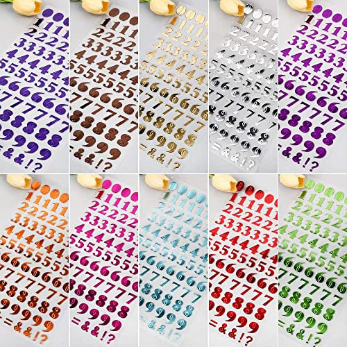 VINFUTUR 10 Blatt Zahlen Aufkleber Selbstklebend 10 Farbe Zahlen Stickers Glitzer Scrapbooking Number Stickers für Grußkarten Sammelalbum Fotoalbum Tagebuch Handbuch Basteln Deko