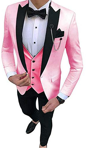 Un pulsante 3 pezzi abiti da sposa Slim Fit picco risvolto uomini vestito di affari rosa 52