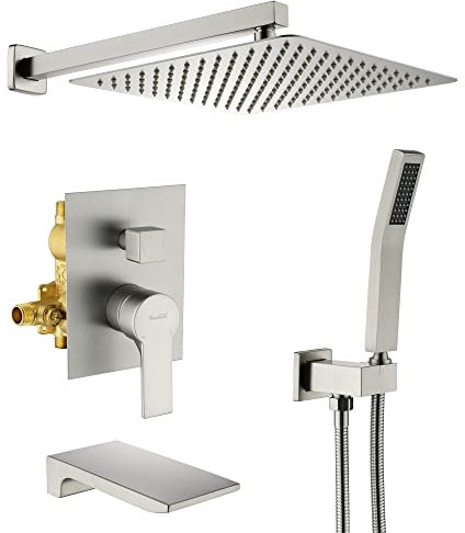 SHAMANDA Duschsystem mit Wasserfall-Wannenauslauf und Handbrausekopf, 30,5 cm, Regenduscharmatur-Set, komplett mit Dusch-Zubehör, Umlaufventil und Wandhalterung, gebürstetes Nickel, L101-2