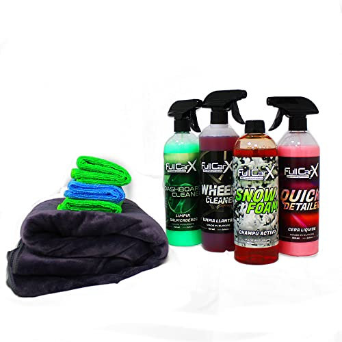 AutoFullCar – Kit Limpieza Coche Moto Exclusivo FullCarX 750 ml Limpia Llantas Cera Líquida Champú Limpia Salpicaderos Bayetas Microfibra Toalla XXL Detailing Exterior Interior