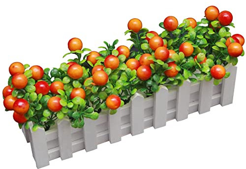 Flikool Künstliche Stechpalmen Beeren im Weißen Holzzauntopf Künstliche Pflanzen Früchte Topfpflanze Künstlich in Topf Gefälschte Kunstpflanzen Dekorative Künstlicher Bonsai Wohnkultur Deko - Gelb