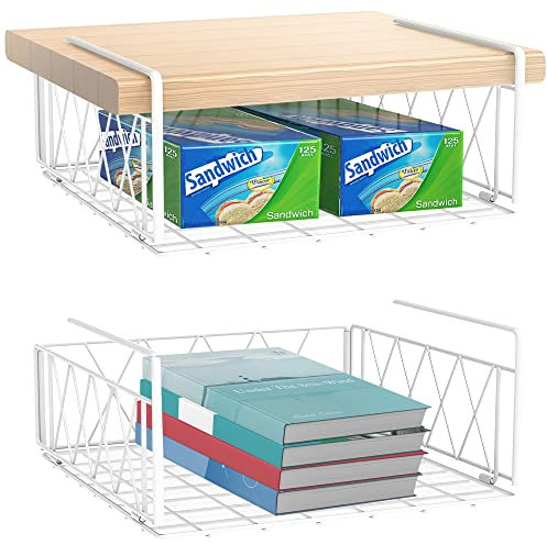 Under Shelf Storage Basket, Hanging Cabinet Storage Basket Organizer, Metal Wire Basket Shelves for Kitchen, Office, Pantry, Bathroom (White, 2pcs)