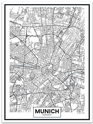 wandmotiv24 Poster als Wanddeko, Größe 40x30cm, Straßen Karte München, Deutschland, Koordinaten, Reisen, Moderne Wanddeko, Wandbilder, Deko, Bild M0139