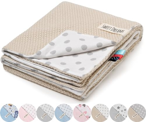 Mikos* Babydecke Leichte Baumwolle Kinderdecke ohne Füllung, Kindergarten Baumwolldecke für Mädchen, Junge, Neugeborenen Kinderwagen Babyschale Kuscheldecke 75x100 (1040) (Beige/Graue Tupfen)
