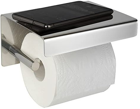 Kapitan Porte-rouleau de papier toilette avec étagère – Support de rouleau de luxe de 13 cm pour smartphone et décoration – Autocollant (sans perçage) ou à visser en acier inoxydable poli