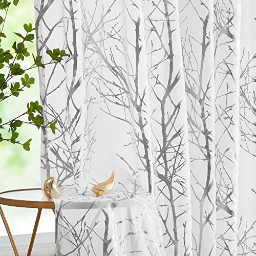 FMFUNCTEX Weiß Silber Voile Vorhänge Transparente Gardinen mit Ösen für Wohnzimmer Metallic Zweigen Muster Vorhänge Lichtdurchlässig Ösenschal für Schlafzimmer 2er Set, 245 x 134 cm (H x B)