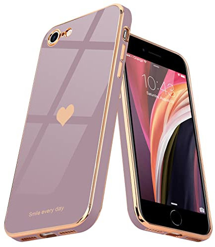 Teageo for iPhone SE 2022 Case iPhone 8 iPhone 7 iPhone SE 2020 Phone Case Cute Heart Pattern for Women Girls Slim Luxury Bling Plating Soft TPU Shockproof Bumper for iPhone 7/8/SE 2/SE 3, Lavender