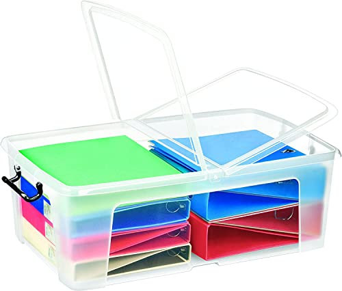 TENLITE Heavy Duty Clear 50L Smart Storemaster Clip-On Folding Lid Stackable Storage Boxes with Carry Handles 70cm Length x 45cm Width x 23cm Height (50 Litre)
