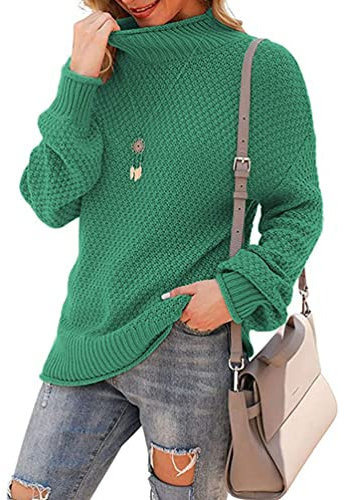Onsoyours Mujer Jersey Cuello Alto Camiseta de Manga Larga Sueter Jersey Basico Suelto Camisa Pullover Suéter para Otoño Invierno de Color Sólido A Verde Hierba M