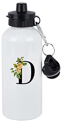 Yelolyio Gourde Bouteille d'eau de Sport en Aluminium Metal avec Initiale D Noire avec Fleurs, Réutilisable, pour Salle de Sport, Voyage, Vélo, Camping, 591 ml