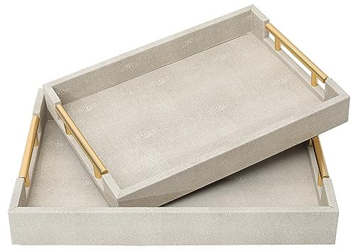 SwallowLiving Set of 2 Shagreen Serving Tray with Gold Polished Metal Handles Ivory Wood Decorative Tray PU Leather with Brushed Gold for Coffee Table Ottoman Console Table