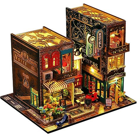 Kit de Coin Livre DIY - Kit de Maison de poupée Miniature DIY avec Meubles et lumière LED, Serre-Livres d'art en Bois 3D Puzzle, modèles réduits pour Adultes à Construire (SCARBROUGH)