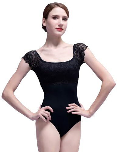 s.lemon Damen Kurzarm Balletttrikot Dehnbar Ballett Tanz Body mit Spitze Schwarz 165