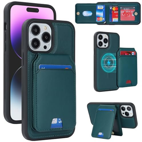 Zouzt for iPhone 14 Pro Max 6.7 Inch Detachable 2 in 1 Wallet Case with Card Holder for Magsafe, Magnetic PU Leather Flip Credit Slot Protective Phone Cover Women Men - Green