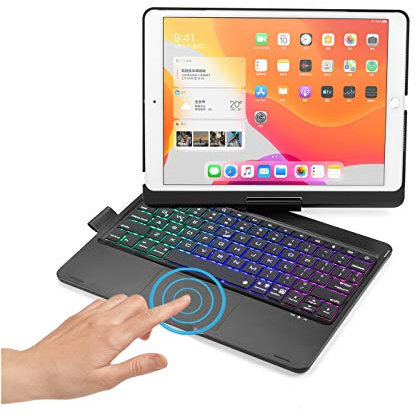 HENGHUI 360° Rotatable Touch Keyboard for iPad 9th 8th 7th Generation, iPad Air 3rd Gen Pro 10.5 inch Backlight Keyboard Built‑in Trackpad, Bluetooth Foldable Keyboard Cover, Black