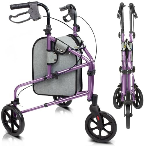 Vive Mobility Andador rodante de 3 ruedas, ligero y plegable para personas mayores, hombres y mujeres, plegable, resistente, de tres ruedas, para uso en interiores y exteriores (morado)