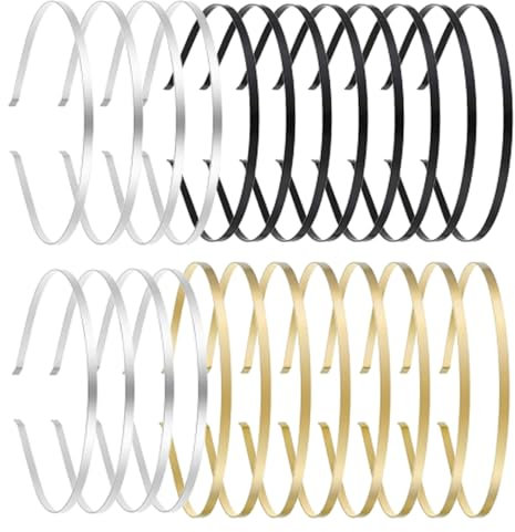 TECKI 24 Pieces Serre Tete Metal - 8X Dore +8X Argente +8X Noir, Serre Tete Femme Homme Enfant, Materiaux De Cadre De Bricolage, Classique Et Simple, Satin Fleurs Sechees Strass Etoiles Headband