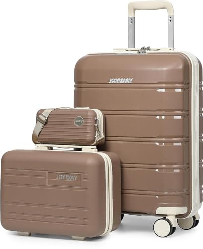 Joyway Kofferset 3 Teilig Hartschale mit 4 Rollen und TSA-Schloss Der Gepäcksets Enthält 1 Kosmetikkoffer und 1 Tragbare Tasche Braun/Weiß