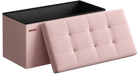 SONGMICS Mazie Collection - 30 Inches Folding Storage Ottoman Bench, Ottoman Foot Rest, End of Bed Bench, Storage Chest, Load 660 lb, for Living Room, Bedroom, Entryway, Jelly Pink ULSF047R11