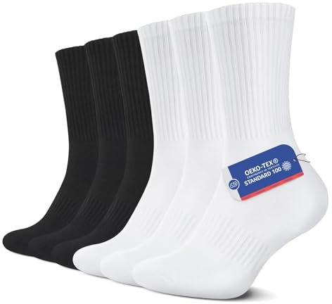 YouShow 6 Paar Sportsocken Herren Damen Classic Schwarz Weiß Cushioned Crew Socken Tennissocken 39-42